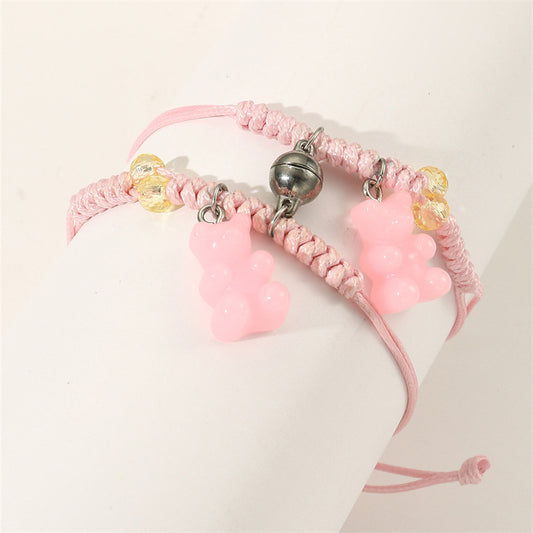 Bracciale intrecciato per bambini con ciondolo orsetto minimalista in resina plastica con chiusura magnetica