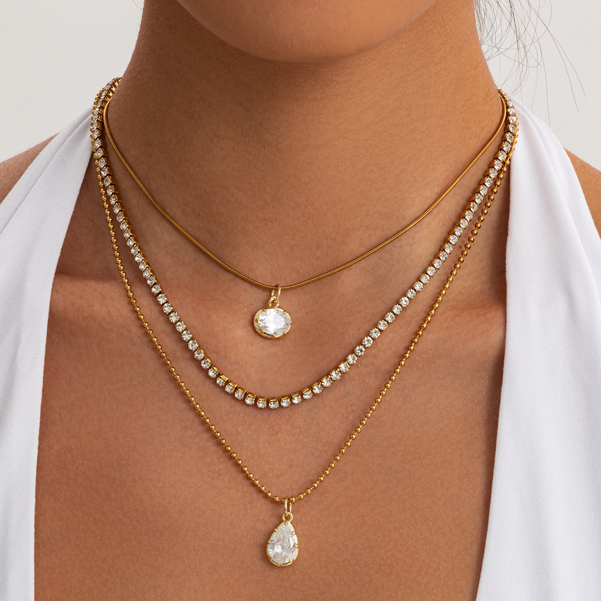 18K Gold Plated Stainless Steel Teardrop Cubic Zirconia Pendant Necklace for Women Layered Chain