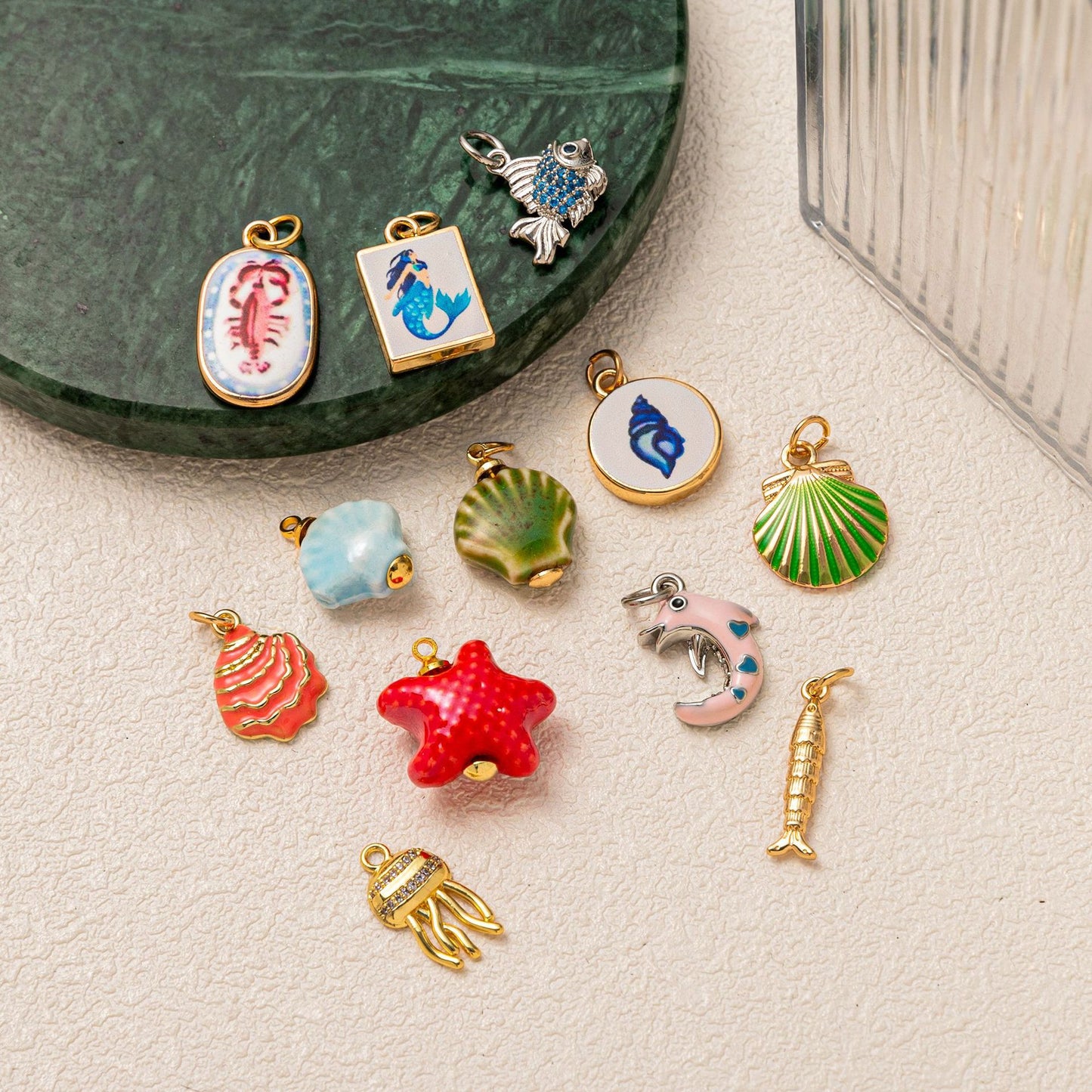 Sweet Geometric Animal Brass Plated Pendant Necklace with Mermaid Starfish Lobster Jellyfish Fish Charms