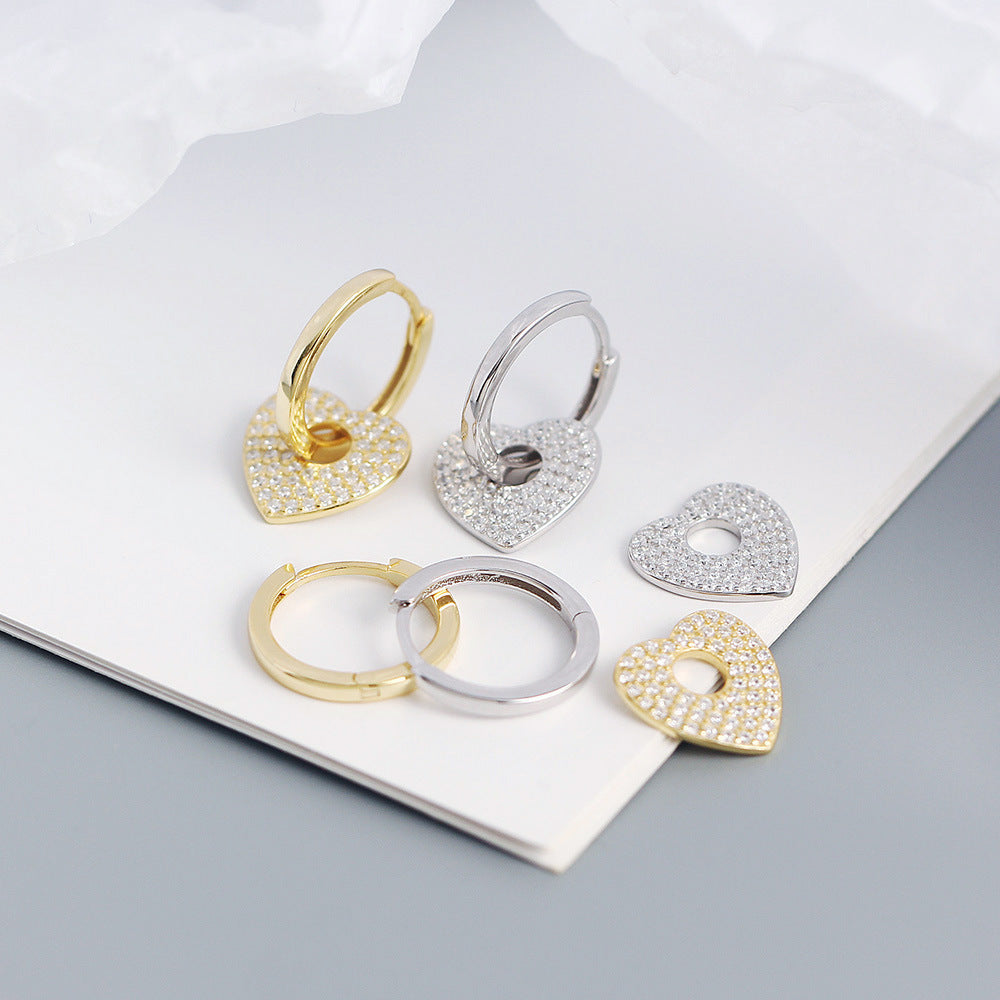 Minimalist Heart-Shaped S925 Sterling Silver Stud Earrings with Rhinestone Inlay for Women