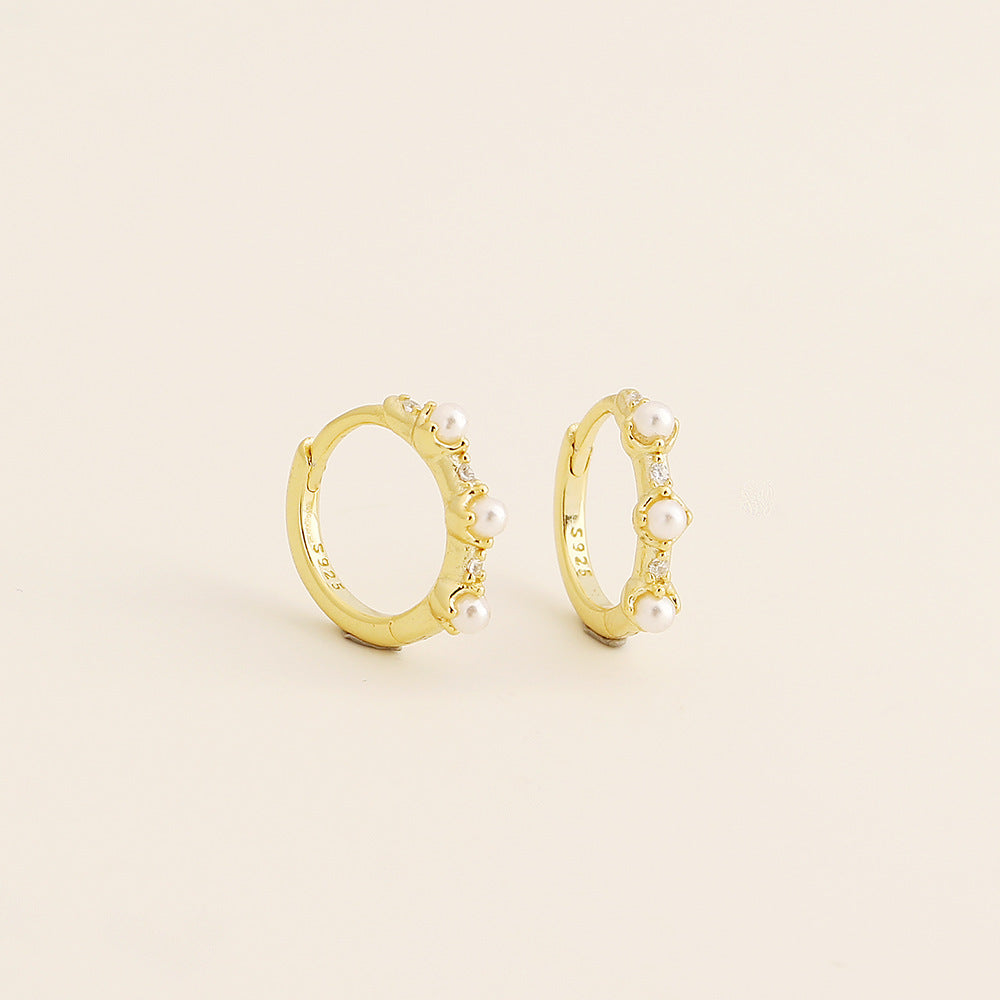 Elegantes pendientes de perlas y diamantes de imitación geométricos de plata de ley 925 con acabado chapado para mujer