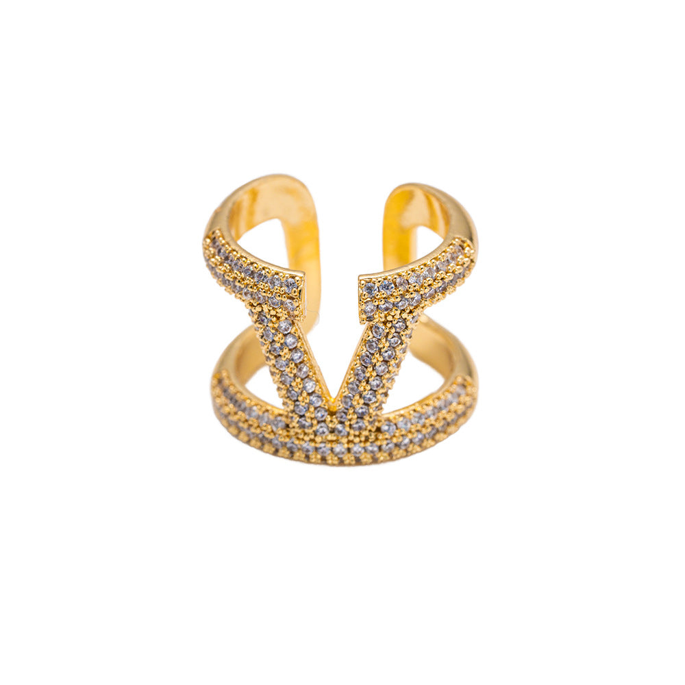 Anello aperto regolabile da donna in oro 18 carati con lettera V in zircone micro-pavé, stile minimalista moderno
