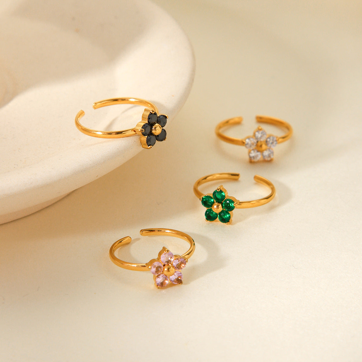 Floral Open Ring for Women in Stainless Steel with Rhinestone Inlay, Plated Finish, Lightweight Luxury French Style