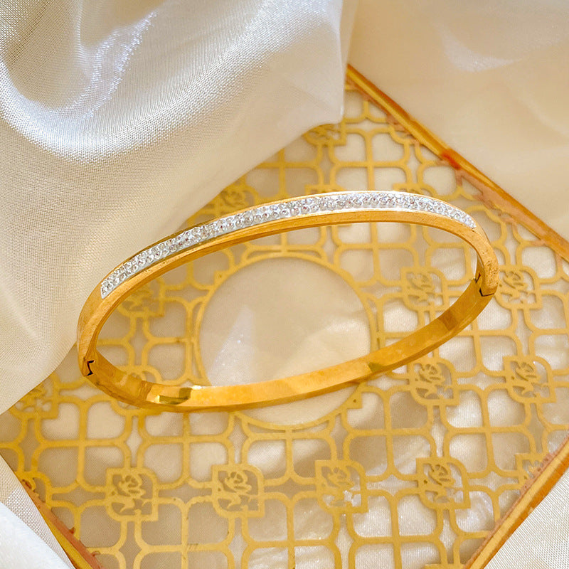 Minimalist Titanium Steel Plated Bracelet with Double Row Rhinestones and Starry Pattern