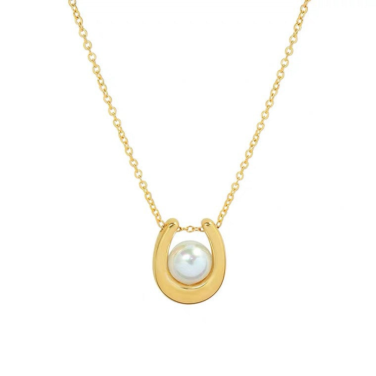 Minimalist U-Shaped Titanium Steel Necklace for Women with Pearl Pendant, Electroplated Finish, Cross Chain Style