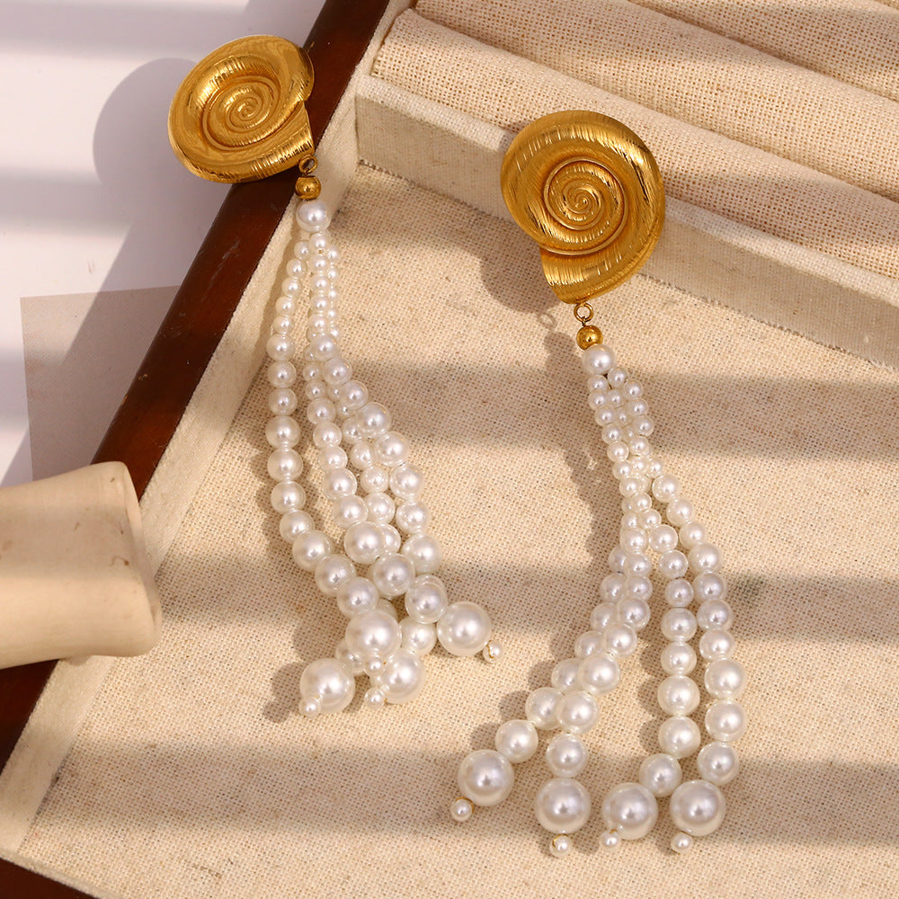 Fashion OL Geometric Stainless Steel 18K Gold Plated Imitation Pearl Tassel Shell Earrings for Women