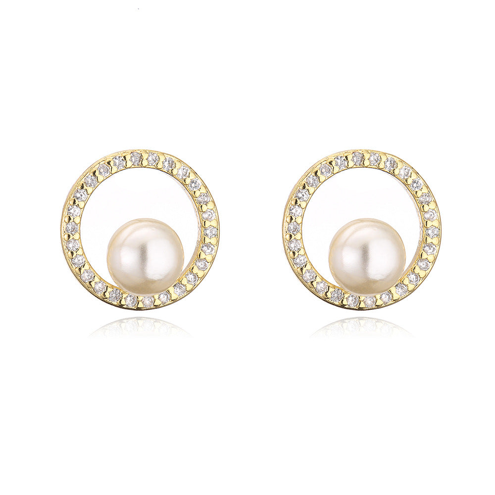 Minimalist Modern Geometric Stud Earrings for Women in Copper with Real Gold Plating and Micro-Paved Zirconia and Pearl Accents