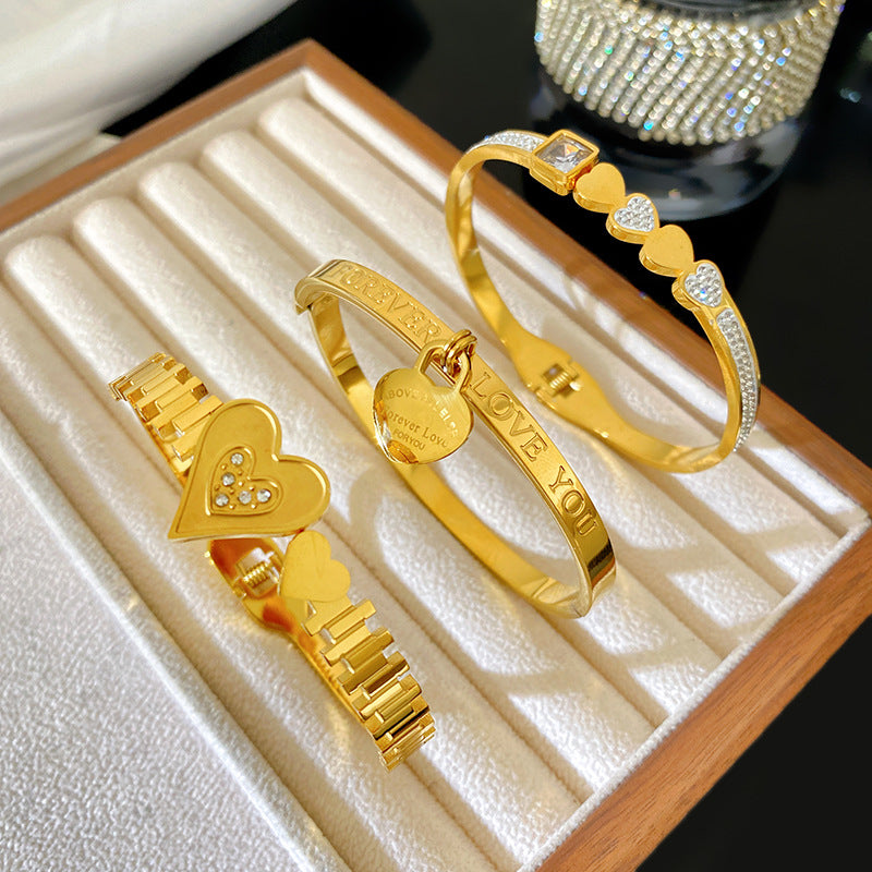 Minimalist Sweet Heart Rhinestone Inlaid Titanium Steel Plated Spring Open Bangle