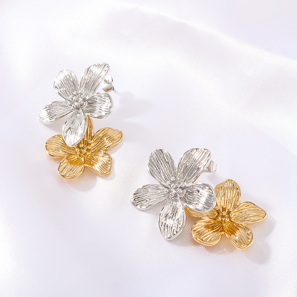 Vintage French Style Floral Stainless Steel Earrings with 18K Gold Plating and Premium Design