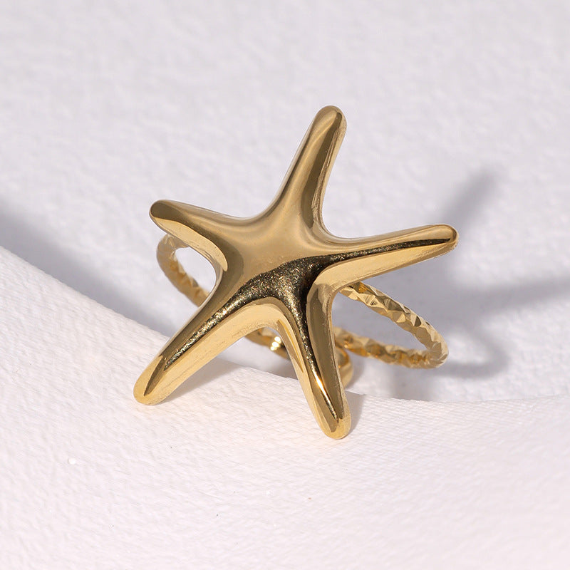 Minimalist Star-Shaped Stainless Steel Ring for Women with Plated Finish, Adjustable Open Band Design
