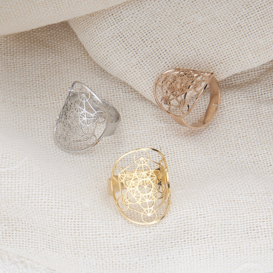 Adjustable Geometric Hexagram Oval Stainless Steel Ring with Polished Finish for Unisex