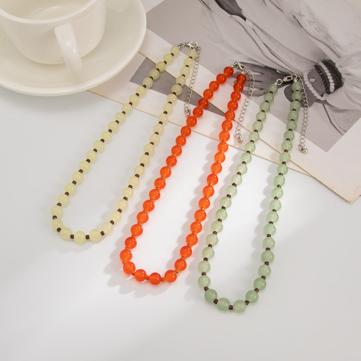 Minimalist Pale Green Glass Bead Necklace Geometric Round Seed Bead Choker for Women