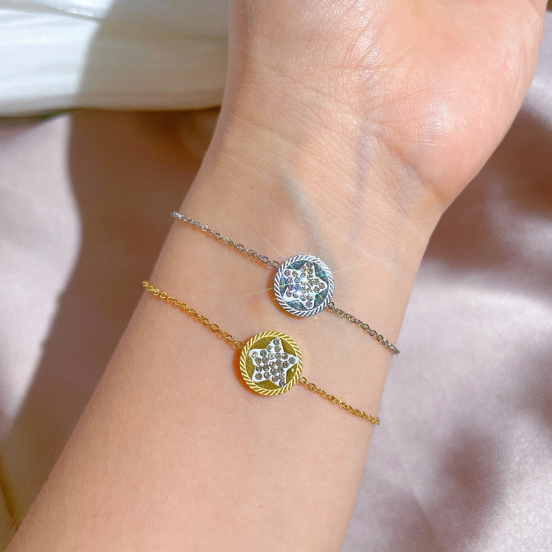Bracciale vintage da donna in acciaio al titanio a forma di stella con intarsio completo di strass e placcatura in oro