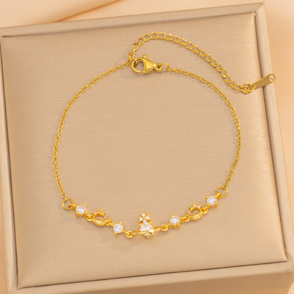 Minimalist Saturn-Shaped Titanium Steel Bracelet with Rhinestone Inlay for Women, Hypoallergenic Vacuum-Plated Fashion Accessory