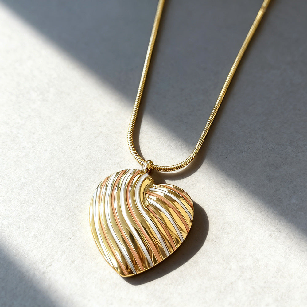 Casual Striped Heart Drip Oil Plated Stainless Steel Necklace for Women