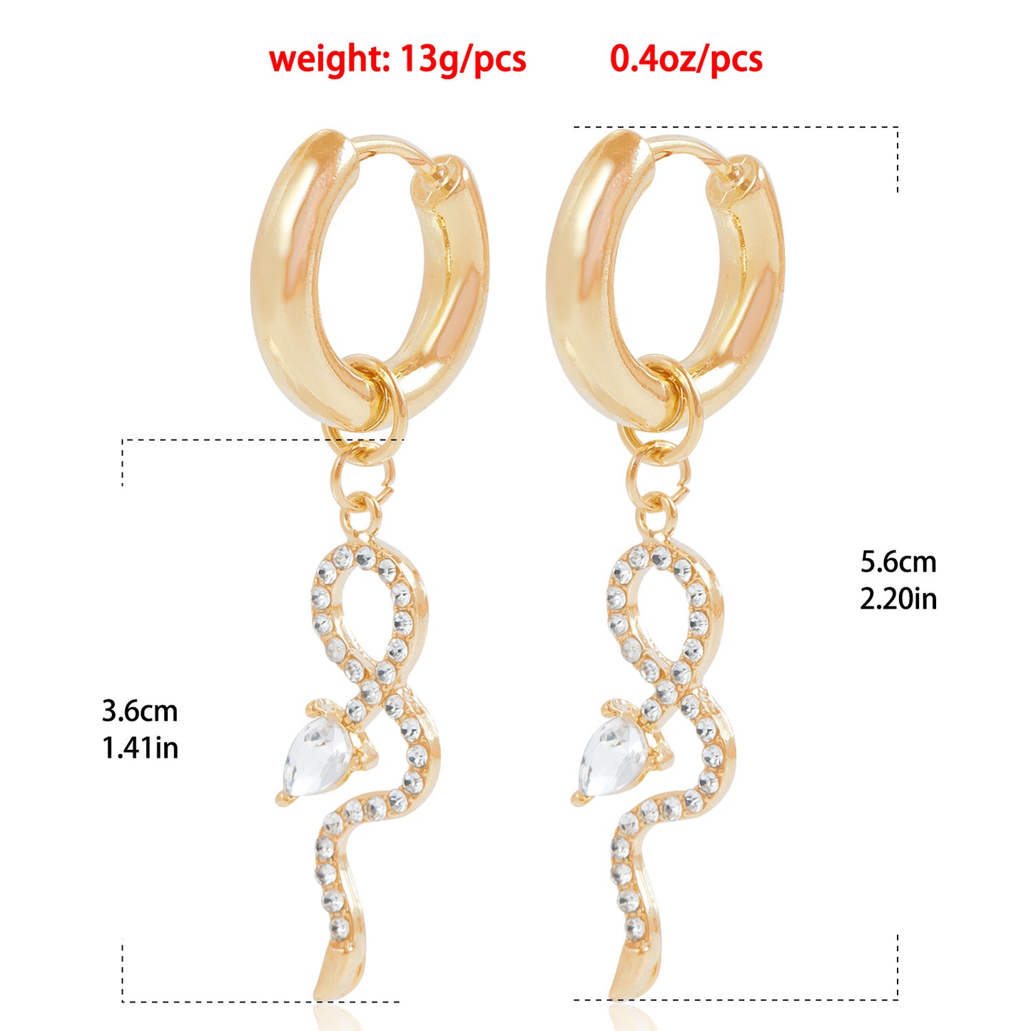 Fashionable Snake-Shaped Geometric Earrings with Full Rhinestone Inlay and Electroplated Finish for Women