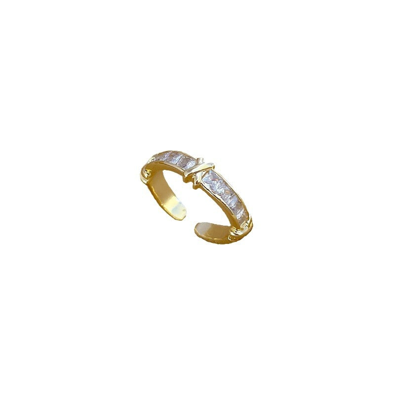 Minimalist Geometric Gold-Plated Brass Open Ring for Women with Crown Shape and Rhinestone Inlay