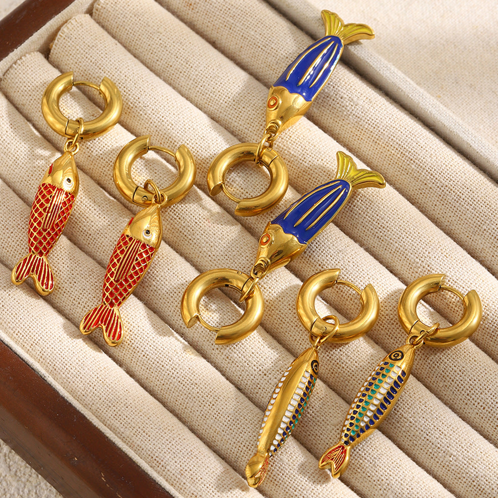 Colorful Drip Oil Plated 18K Gold Stainless Steel Fish Earrings for Women