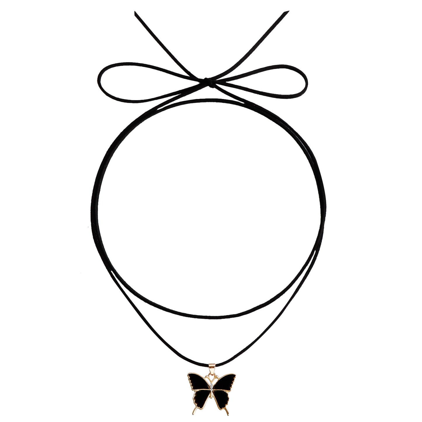 Fashionable Butterfly-Shaped Alloy Pendant Necklace with Rhodium Plating Adjustable Black Velvet Cord for Women