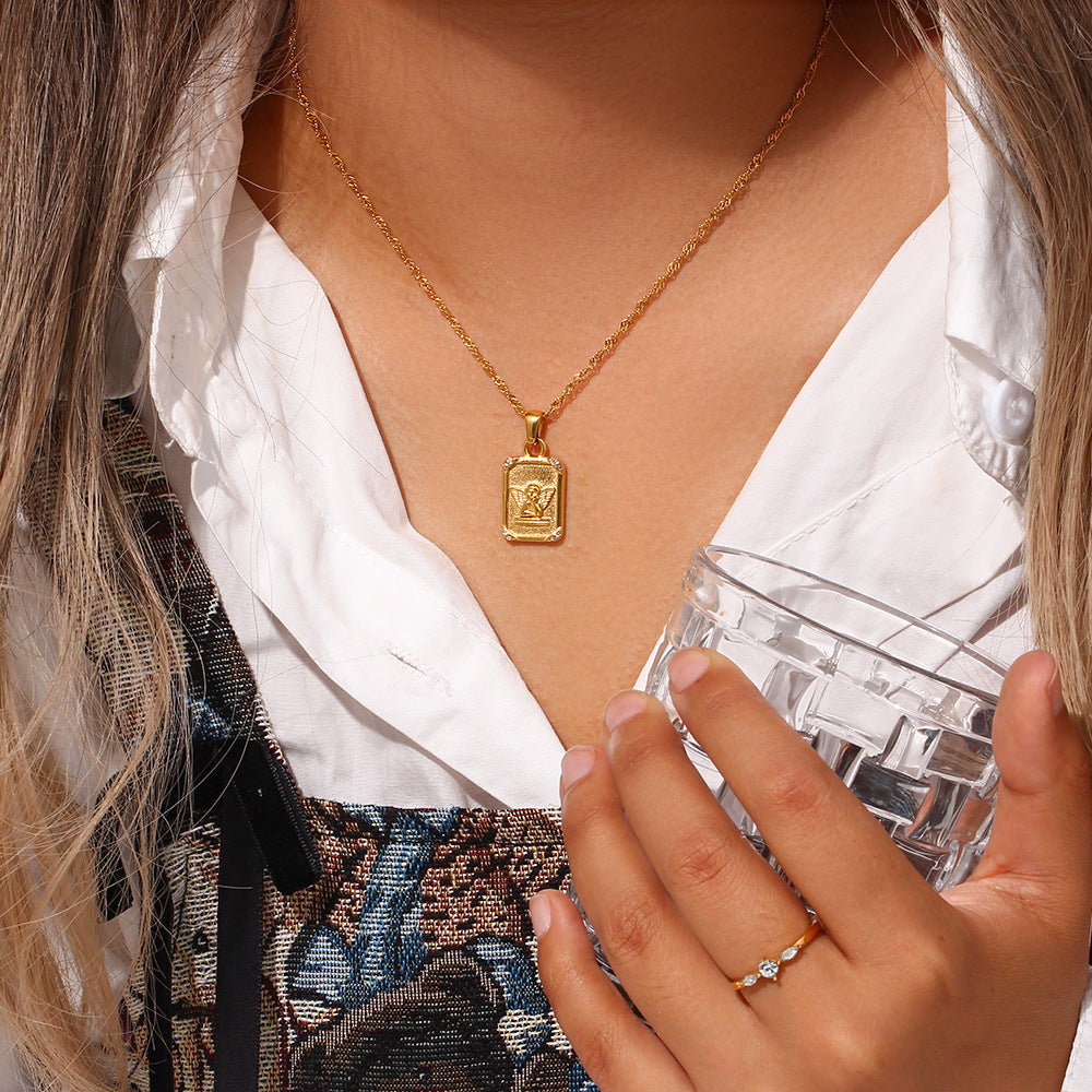 Fashionable Geometric Angel Pendant Necklace for Women in Stainless Steel with Rhinestone Inlay and Plated Finish