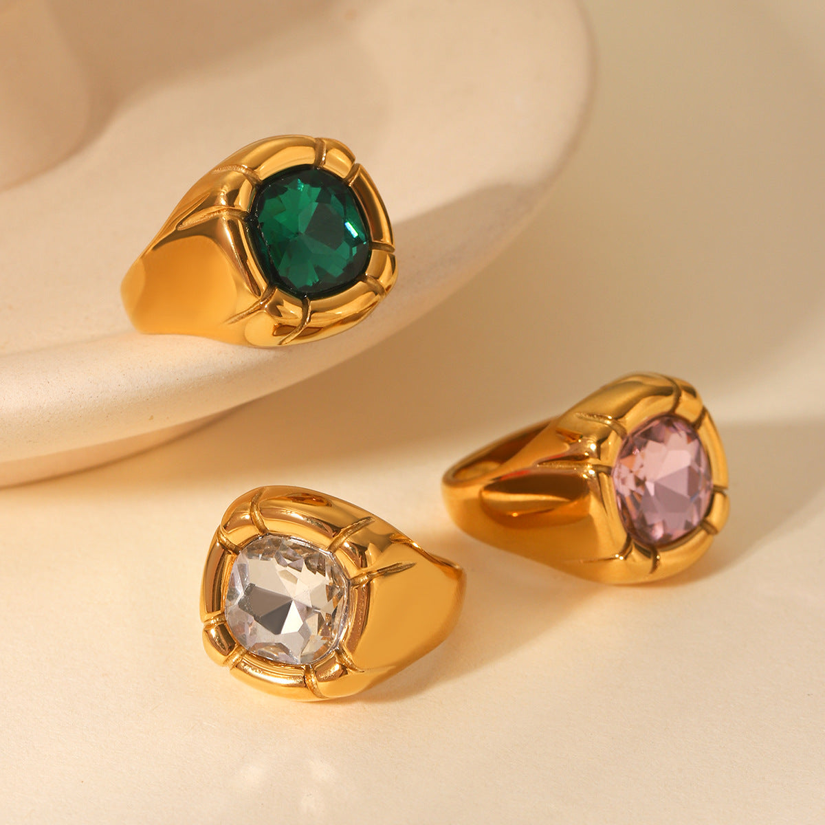 Ins Style Geometric 18K Gold Plated Stainless Steel Ring with Cubic Zirconia for Women