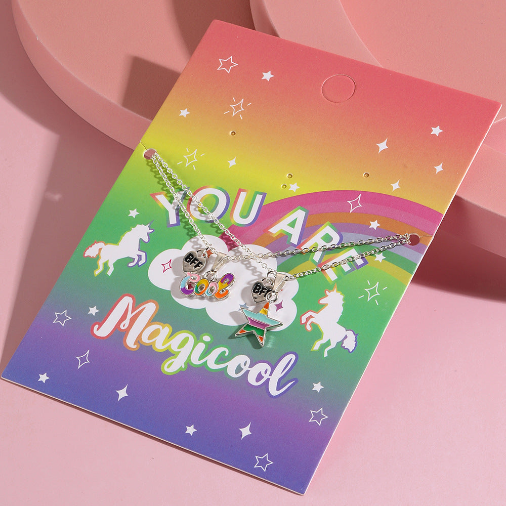 Collar con colgante de aleación con forma de estrella estilo dibujo animado para niñas con acabado esmaltado, cadena cruzada ajustable, colección Princesa