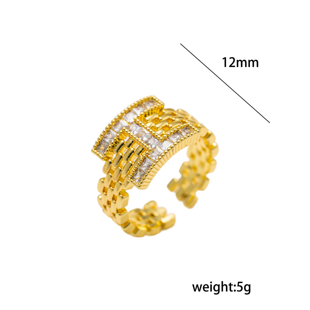Anello Minimalista Moderno in Rame Placcato Oro 18K con Lettera "H" Geometrica e Intarsio in Zirconi, Unisex