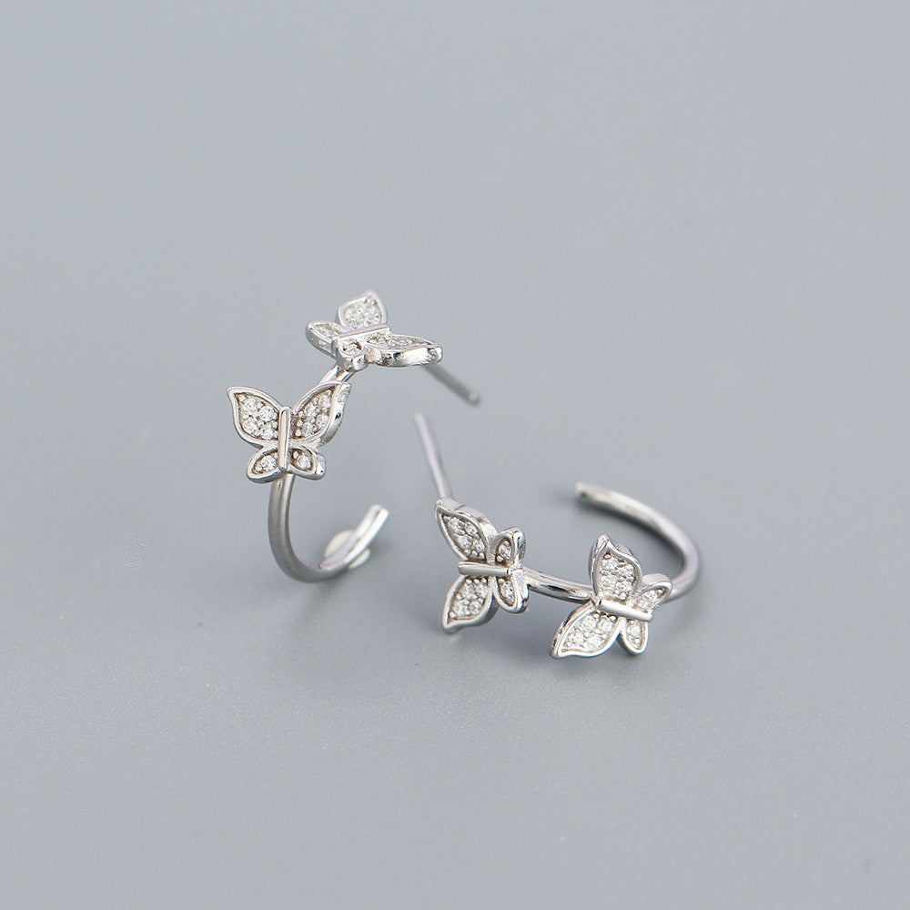 Luxury Butterfly-Shaped S925 Sterling Silver Stud Earrings with Rhinestone Inlay for Women