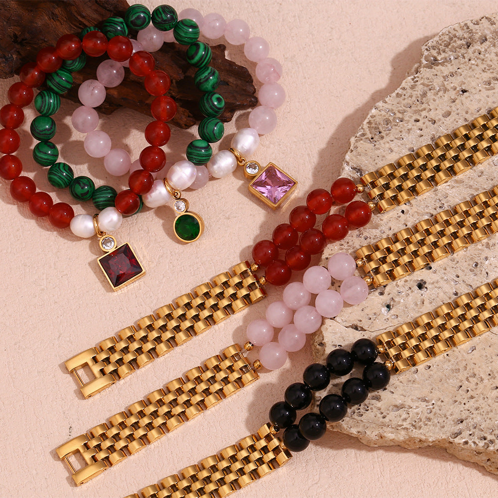 Bracciale da donna alla moda in acciaio inossidabile placcato oro 18 carati, con perline di pietra naturale e zirconi geometrici