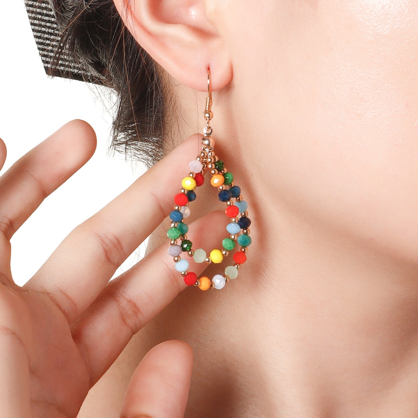 Orecchini a cerchio doppio in cristallo e vetro colorato stile geometrico, fatti a mano con perline, gioielli dolci ed eleganti da donna