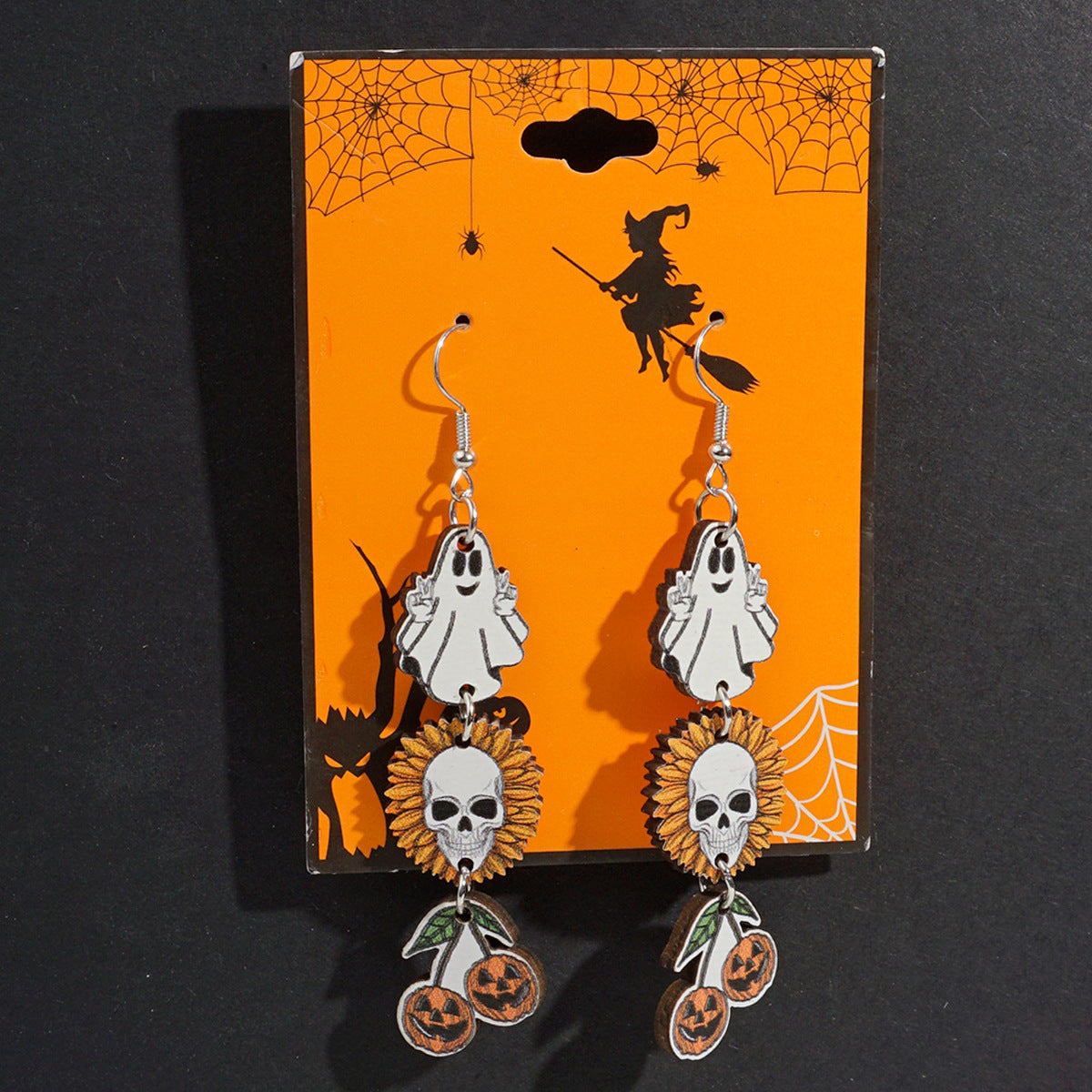 Pendientes de madera con temática de Halloween con fantasma de dibujos animados, calabaza y colgante de calavera para decoración de fiestas