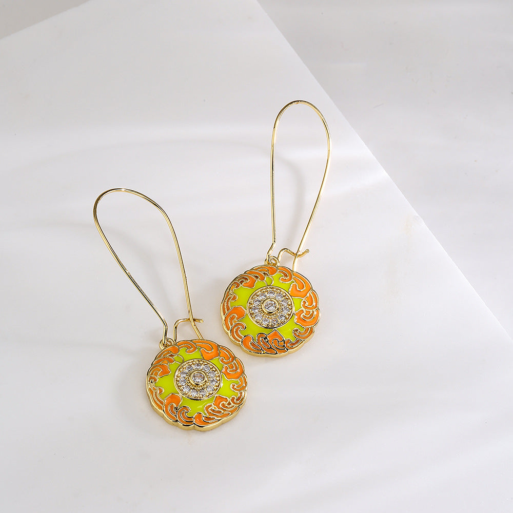 Bohemian Style Geometric Copper Pendant Earrings with 18K Gold Plating and Zircon Inlay for Women
