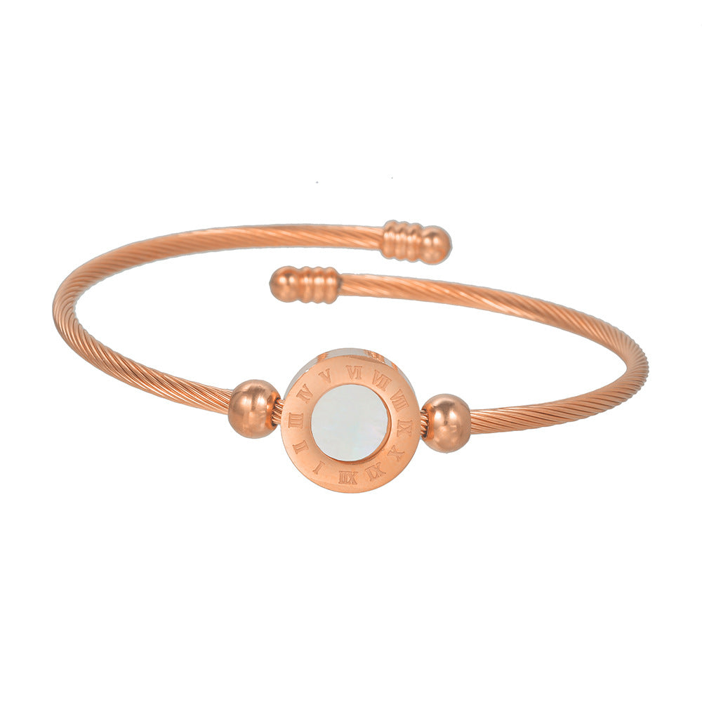Adjustable Geometric Round Stainless Steel Cuff Bracelet with Shell Inlay