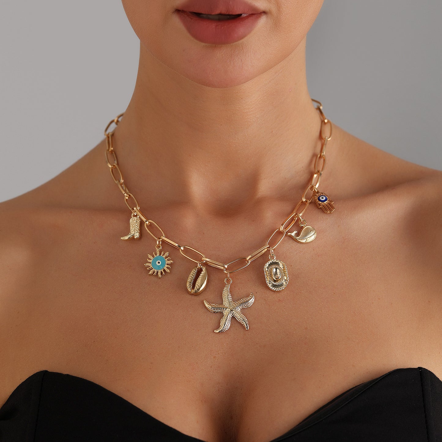 Collar con colgante de estrella de mar vintage bohemio de aleación con acabado chapado para mujer