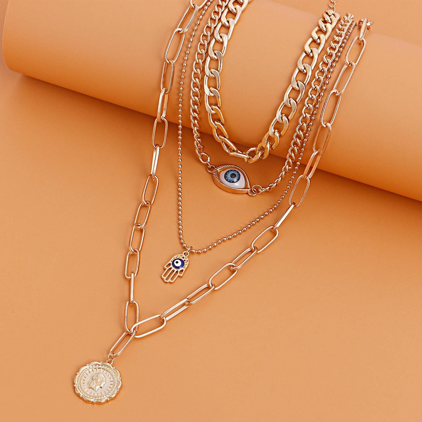 Vintage Geometric Demon Eye Round Pendant Necklace for Women with Alloy Plated Finish and Bamboo Chain