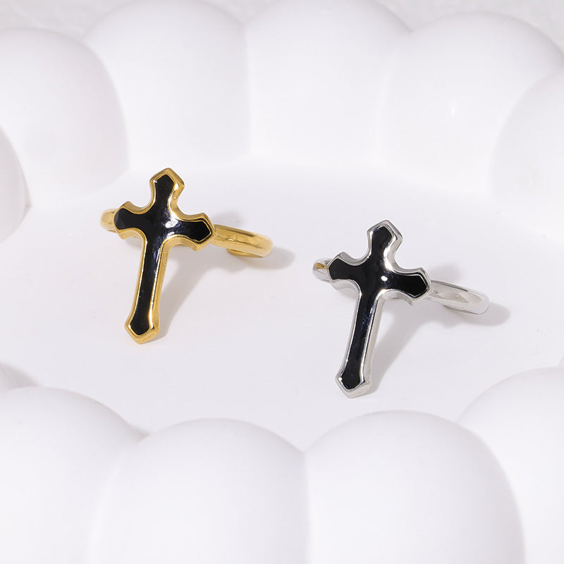 Vintage Cross Shape Enamel Titanium Steel Adjustable Ring for Men and Women