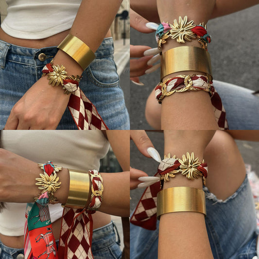 Vintage Round Geometric Floral Plated Stainless Steel Open Cuff Bracelet