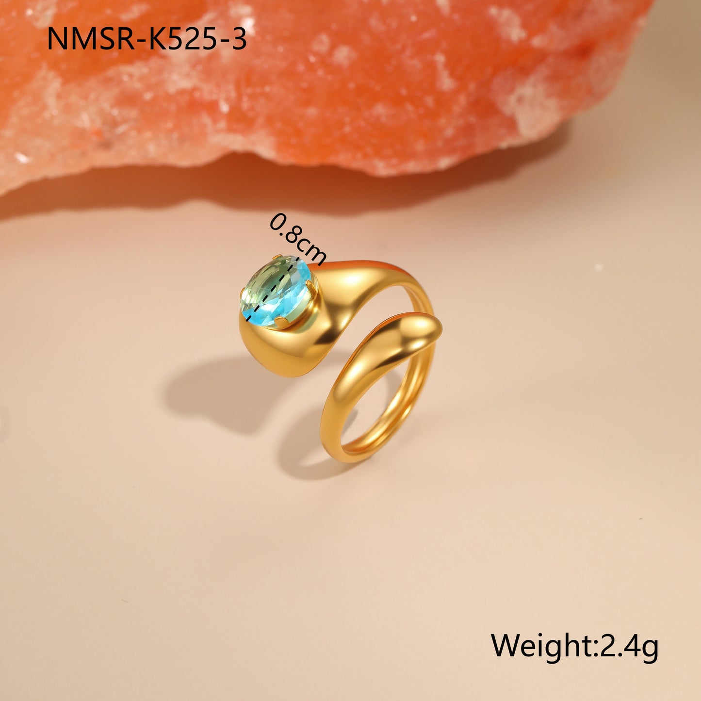 Anillo minimalista de acero inoxidable hueco geométrico con incrustaciones de circonita azul y baño de oro de 18 quilates para mujer