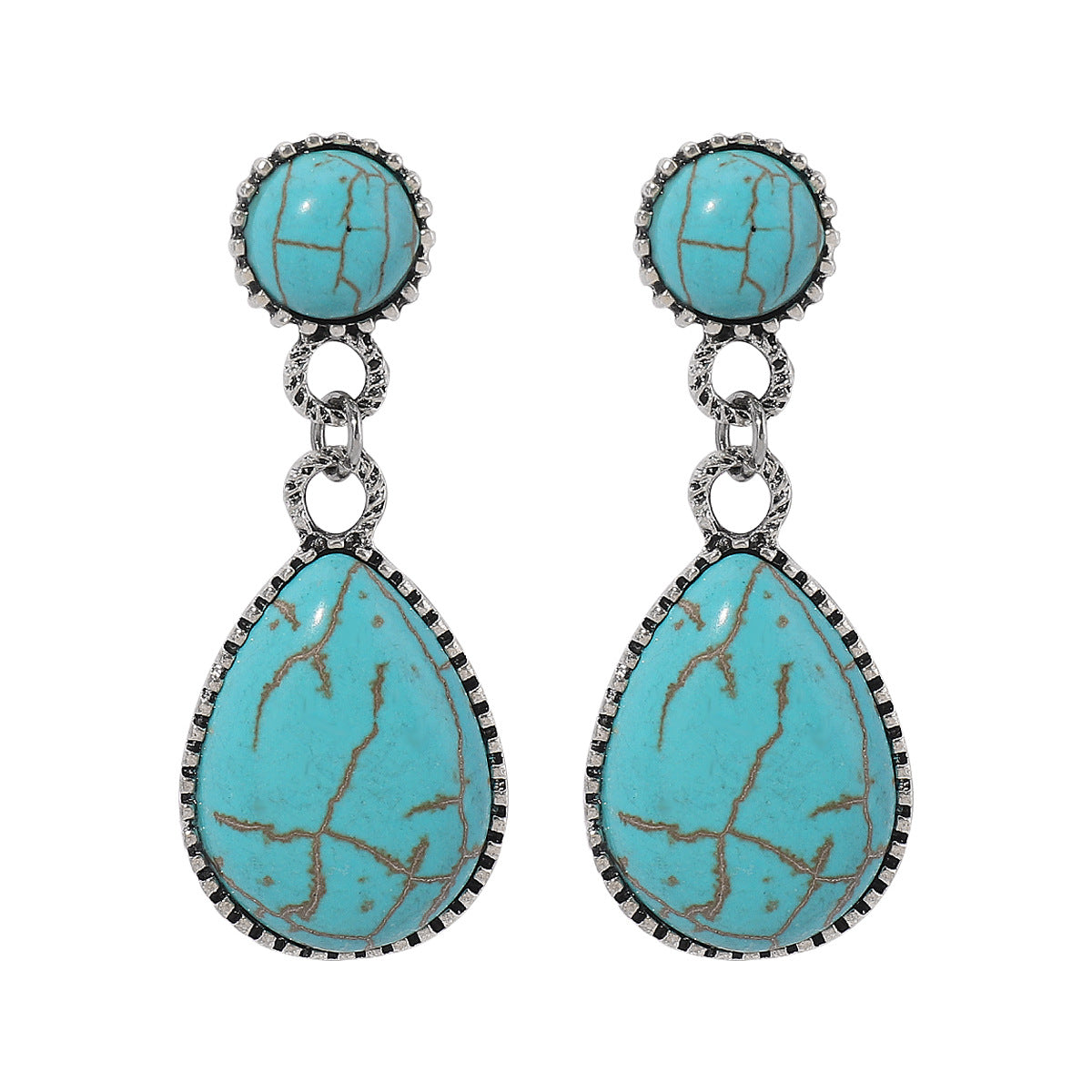 Pendientes étnicos de aleación con forma de estrella geométrica con incrustaciones de turquesa, diseño artístico vintage para mujer