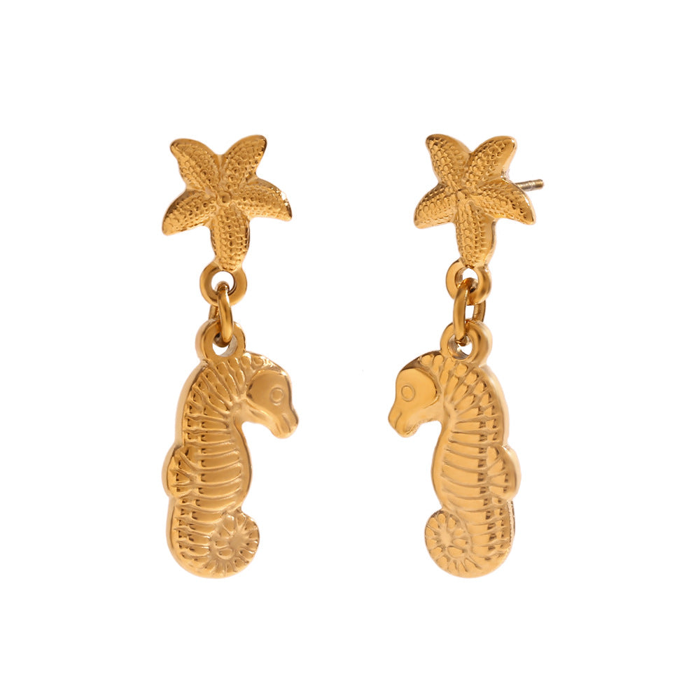 Fashionable Vintage Starfish and Seahorse Stud Earrings for Women in Stainless Steel with 18K Gold Plating