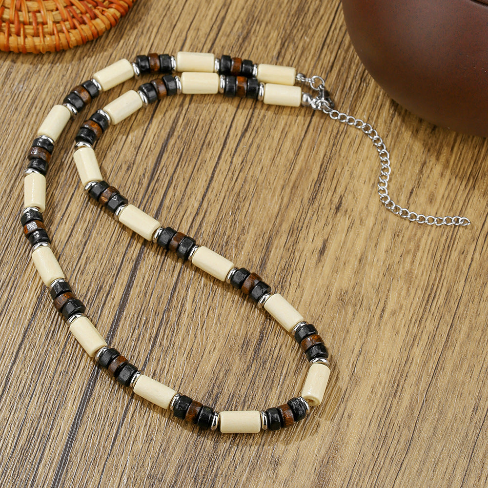 Bohemian Geometric Round Wood Bead Stainless Steel Cable Chain Necklace for Unisex