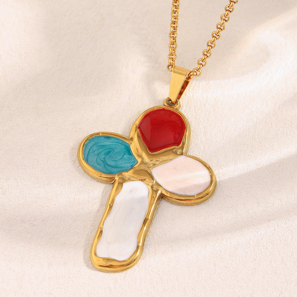 Luxury Vintage Cross Pendant Necklace in Stainless Steel with 18K Gold Plating and Enamel Coloring