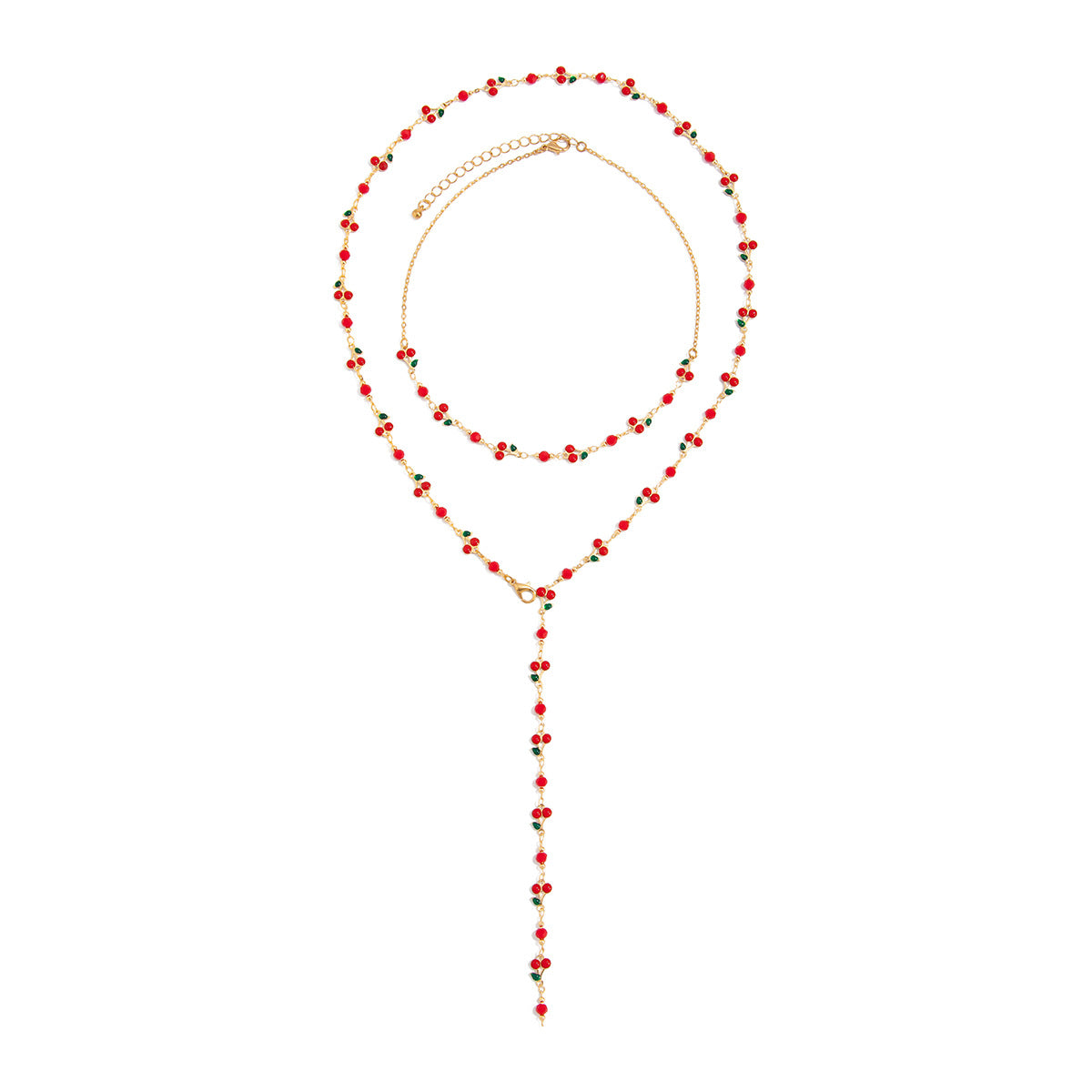 Cherry-Shaped Fruit Pendant Necklace for Women with Y-Shape Design, Metal Construction, Enamel Finish, Long Tassel Drop, Minimalist and Edgy Style