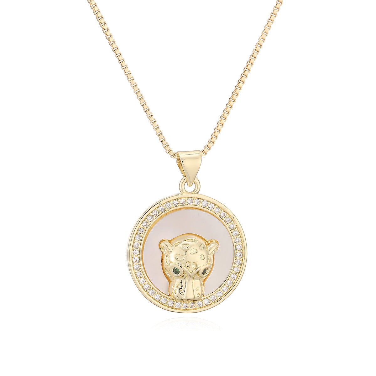 Hip-hop 18K Gold Plated Brass Round Leopard Head Pendant Necklace with Cubic Zirconia for Women