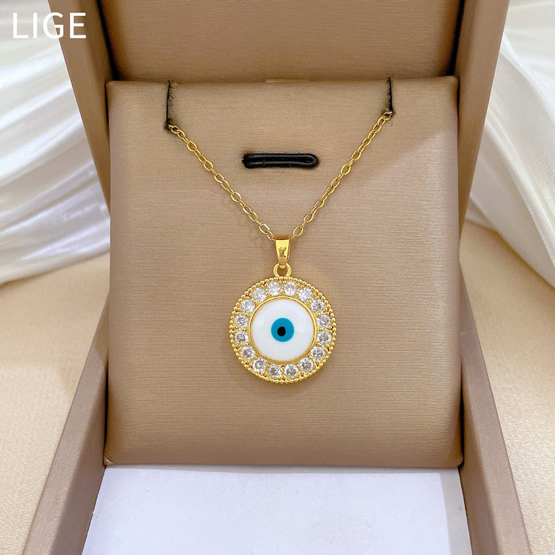 Collar con Colgante de Ojo Circular Estilo Caricatura para Mujer y Hombre de Acero de Titanio con Incrustaciones de Pedrería y Delicada Cadena de Relicario