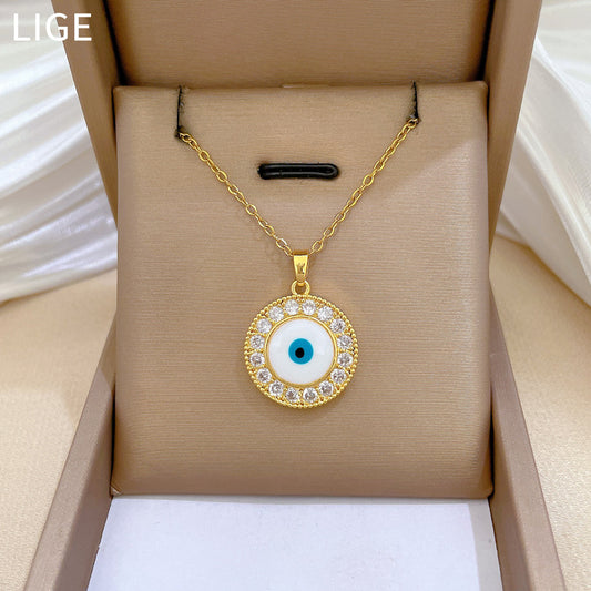 Collar con Colgante de Ojo Circular Estilo Caricatura para Mujer y Hombre de Acero de Titanio con Incrustaciones de Pedrería y Delicada Cadena de Relicario