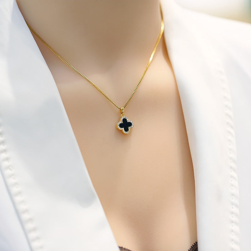 Elegant Four-Leaf Clover Pendant Necklace for Women in Titanium Steel with Plated Finish, Minimalist Clavicle Chain for Summer Layering