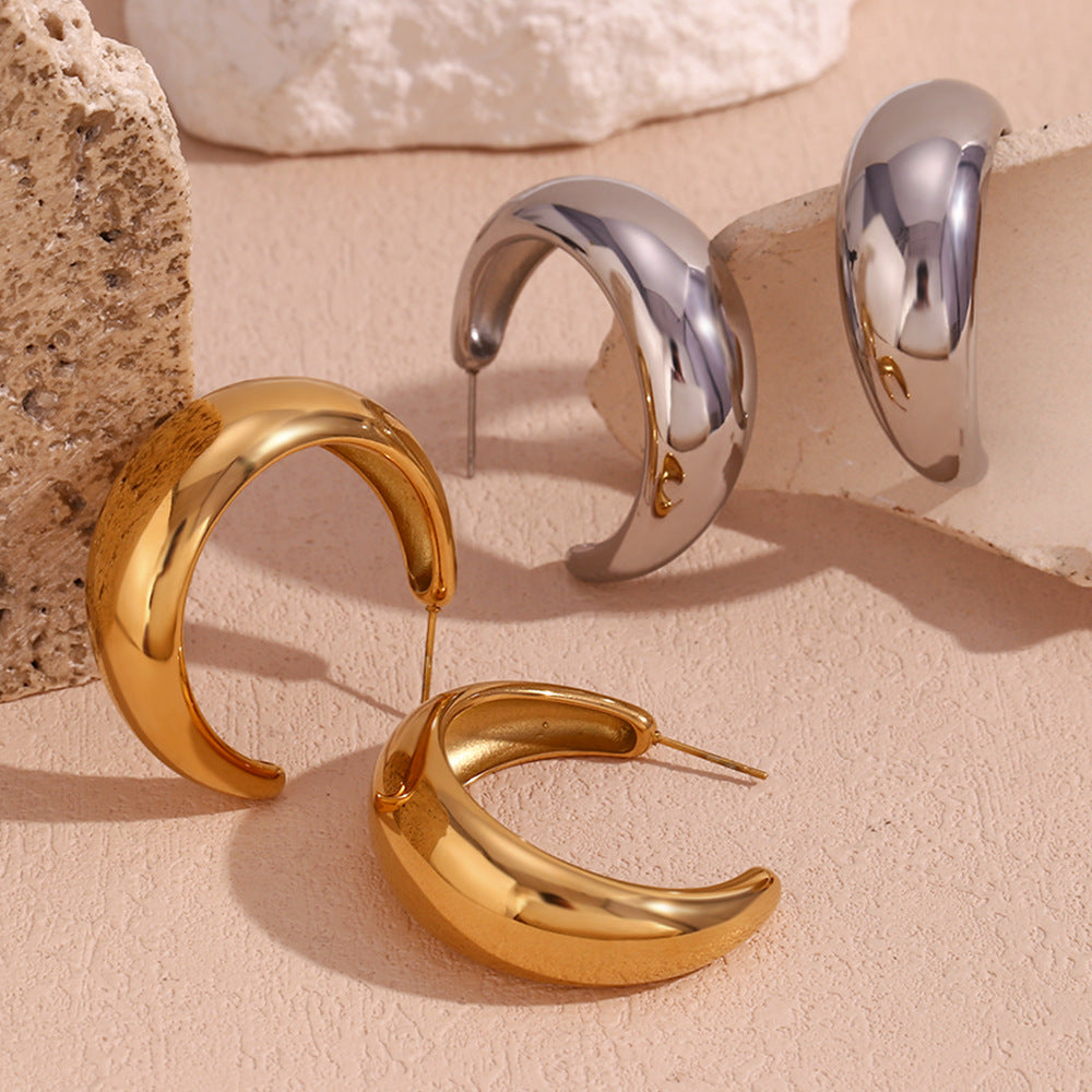 Minimalist Geometric Moon-Shaped Stainless Steel Earrings with 18K Gold Plating for Women
