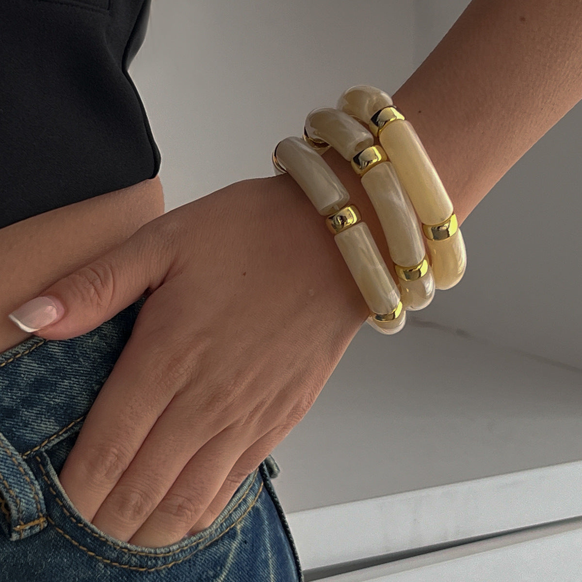Set di braccialetti a polsino rigido da donna geometrici minimalisti con perline, in lega di zinco con finitura placcata