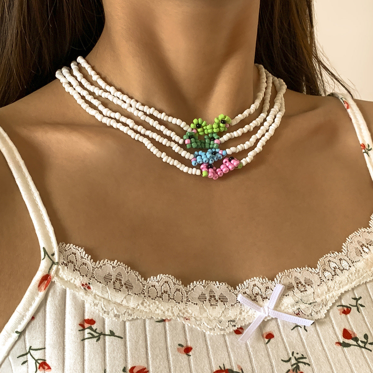 Sweet Minimalist Handmade Woven Frog Animal Acrylic Ball Chain Necklace